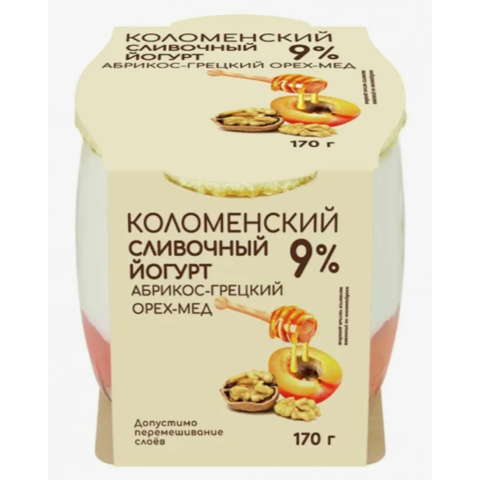 Йогурт КОЛОМЕНСКИЙ сливочный 9% 170г абрикос-грецкий орех-мед