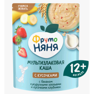 Каша ФРУТОНЯНЯ мультизлаковая с кусоч банан-кукур хлопья-клубника 200г