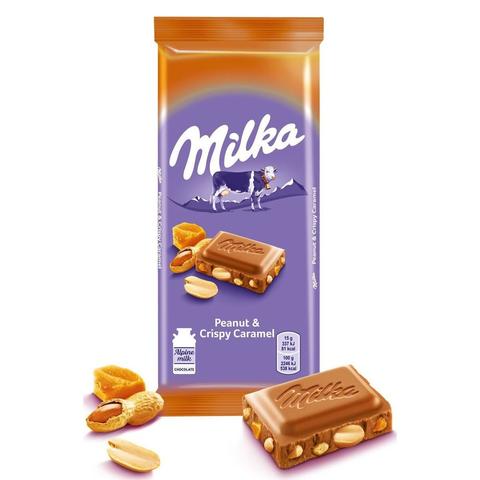 Шоколад МИЛКА 90г молочный с арахисом и кусочками карамели