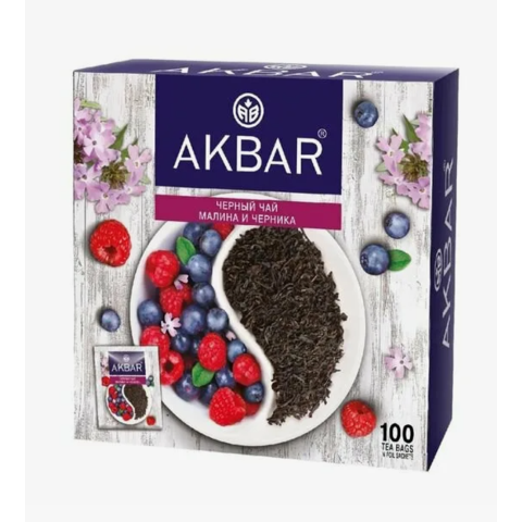 Чай АКБАР черный 100пак Малина-Черника 150г