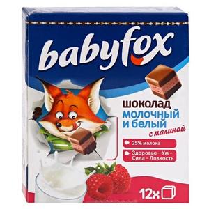 Шоколад БЕБИ ФОКС 90г Детский молочный и белый с малиной кубики