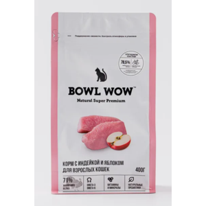 Корм BOWL WOW 400г для взрослых кошек индейка-курица-яблоко