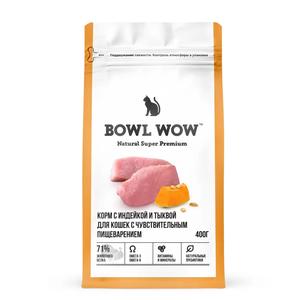 Корм BOWL WOW 400г для кошек при чувтвит пищеварении телятина-овощи