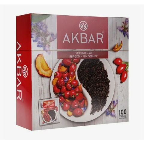 Чай АКБАР черный 100пак Яблоко и шиповник 150г
